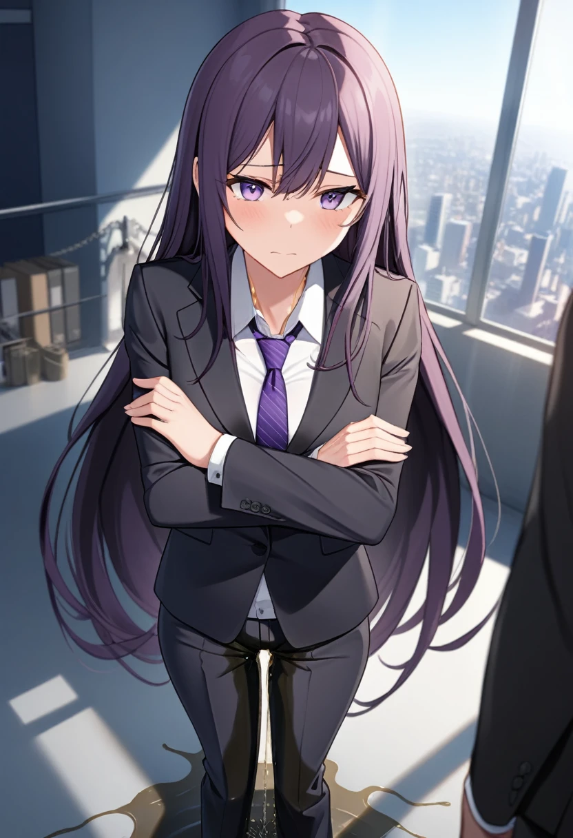 (masterpiece:1.37), best quality, (extremely detailed:1.37), office, window overlooking a bustling cityscape, woman, (mature:1.75), (adult:1.5), (very long hair:1.5), dark purple hair, purple eyes, (extremely detailed eyes:1.37), breasts, sunglasses, business suit, necktie, business pants, (wetting herself:2.0), standing straight, (desperation:2.0), full body day, daytime, glow, facing viewer, perfect composition, Perfect light and shadow, 8K, (arms crossed:1.5)