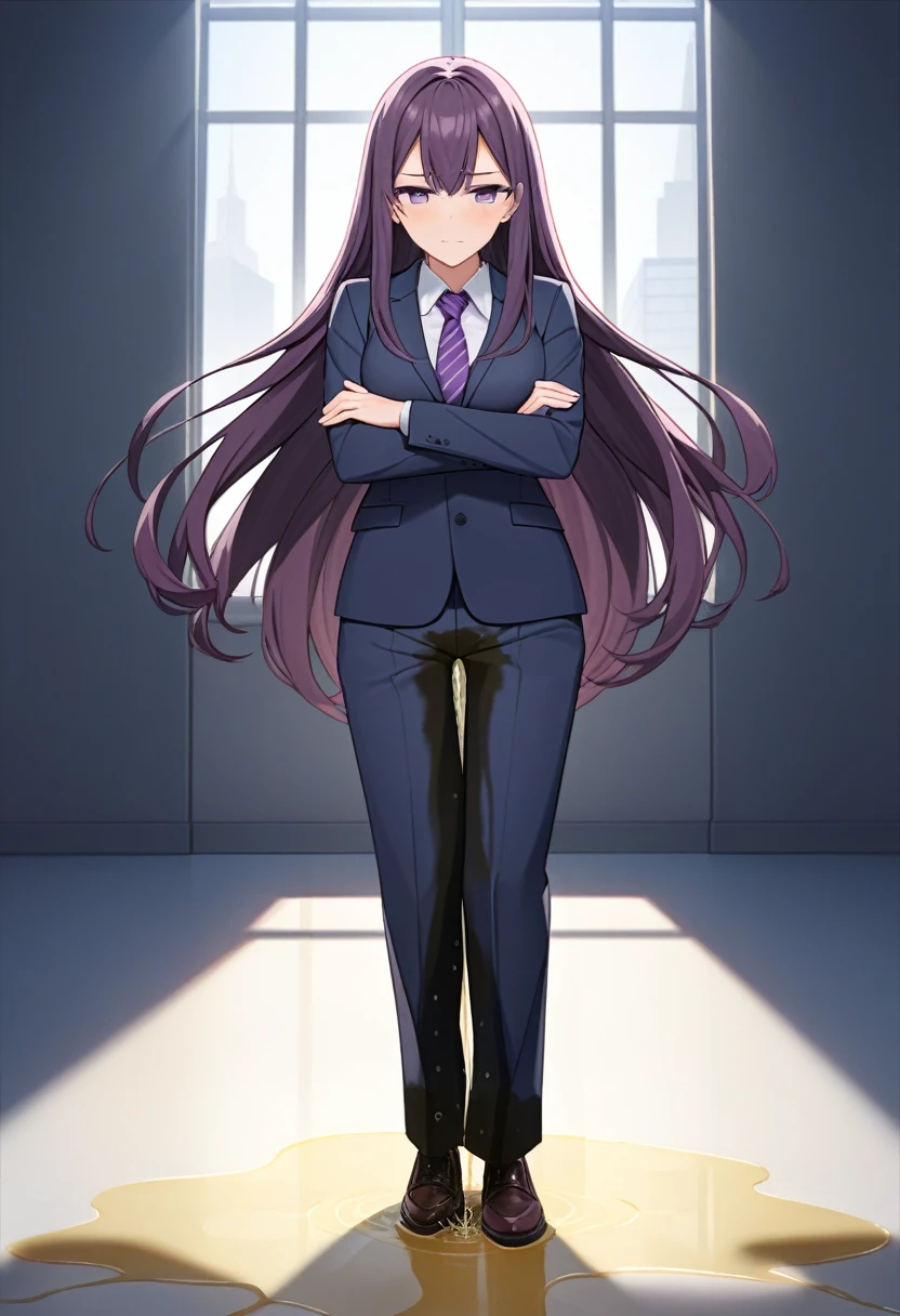 (masterpiece:1.37), best quality, (extremely detailed:1.37), office, window overlooking a bustling cityscape, woman, (mature:1.75), (adult:1.5), (very long hair:1.5), dark purple hair, purple eyes, (extremely detailed eyes:1.37), breasts, sunglasses, business suit, necktie, business pants, (wetting herself:2.0), standing straight, (desperation:2.0), full body day, daytime, glow, facing viewer, perfect composition, Perfect light and shadow, 8K, (arms crossed:1.5)