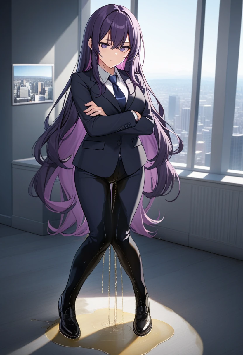 (masterpiece:1.37), best quality, (extremely detailed:1.37), office, window overlooking a bustling cityscape, woman, (mature:1.75), (adult:1.5), (very long hair:1.5), dark purple hair, purple eyes, (extremely detailed eyes:1.37), breasts, sunglasses, business suit, necktie, business pants, (wetting herself:2.0), standing straight, (desperation:2.0), full body day, daytime, glow, facing viewer, perfect composition, Perfect light and shadow, 8K, (arms crossed:1.5)