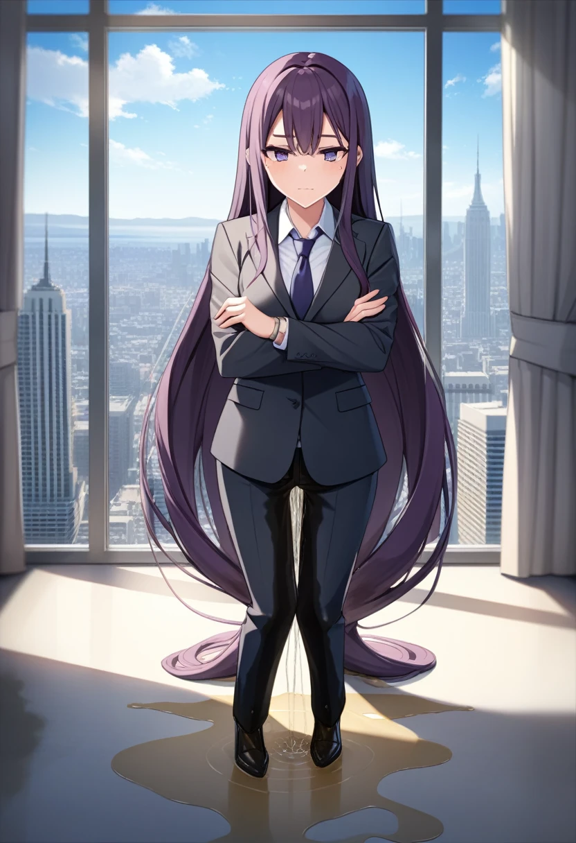 (masterpiece:1.37), best quality, (extremely detailed:1.37), office, window overlooking a bustling cityscape, woman, (mature:1.75), (adult:1.5), (very long hair:1.5), dark purple hair, purple eyes, (extremely detailed eyes:1.37), breasts, sunglasses, business suit, necktie, business pants, (wetting herself:2.0), standing straight, (desperation:2.0), full body day, daytime, glow, facing viewer, perfect composition, Perfect light and shadow, 8K, (arms crossed:1.5)