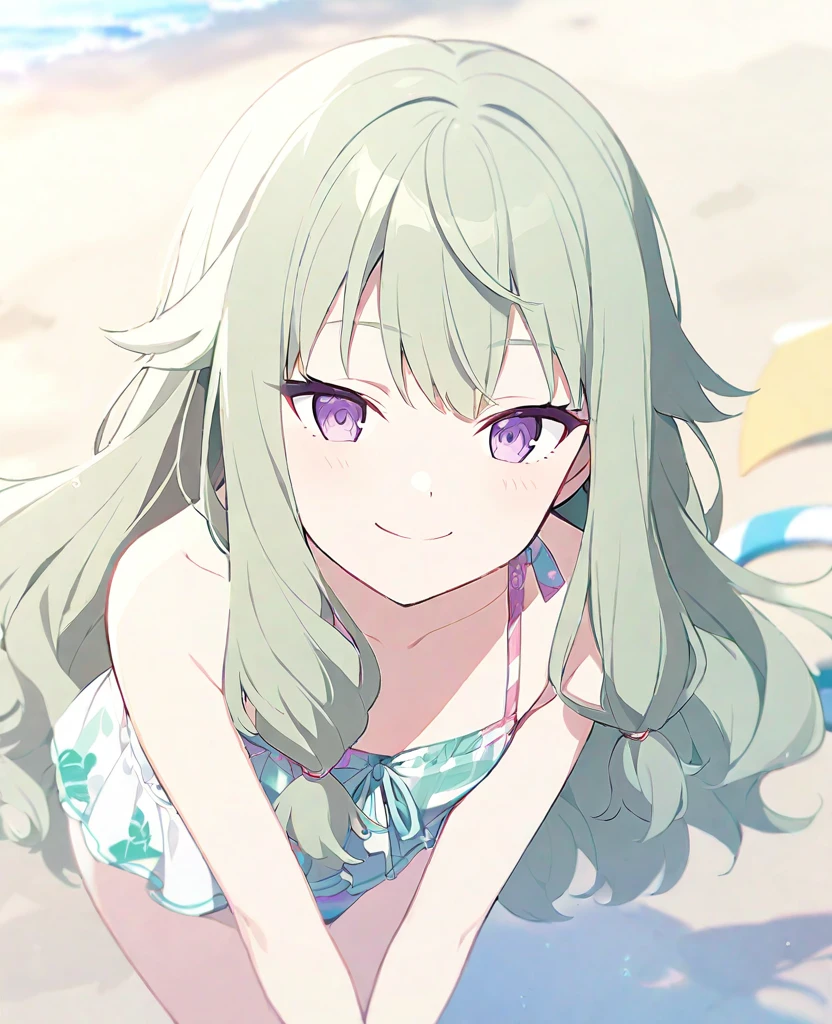 One girl,alone,kusanagi nene,Green Hair,Purple Eyes,Swimwear,project sekai,long hair,cute,cute,smile,beach