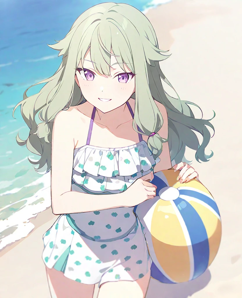 One girl,alone,kusanagi nene,Green Hair,Purple Eyes,Swimwear,project sekai,long hair,cute,cute,smile,beach