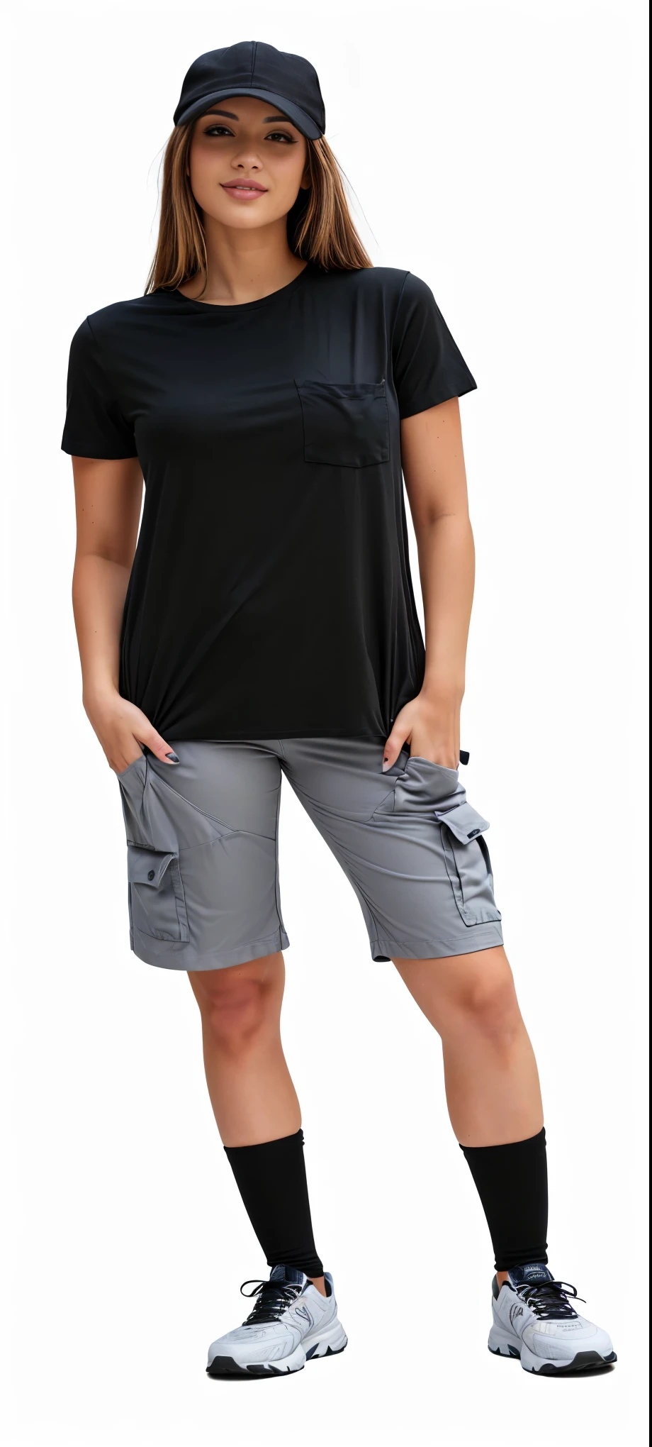 fit woman in black shirt and gray shorts posing for a photo, complete view, with two front pockets, full height view, wearing shorts and t-shirt, full body view entrelaçada, full body view, placed against a white background, casual modern clothing, complete view do corpo e da cabeça, full body distant view, Accurate shot ( FS )