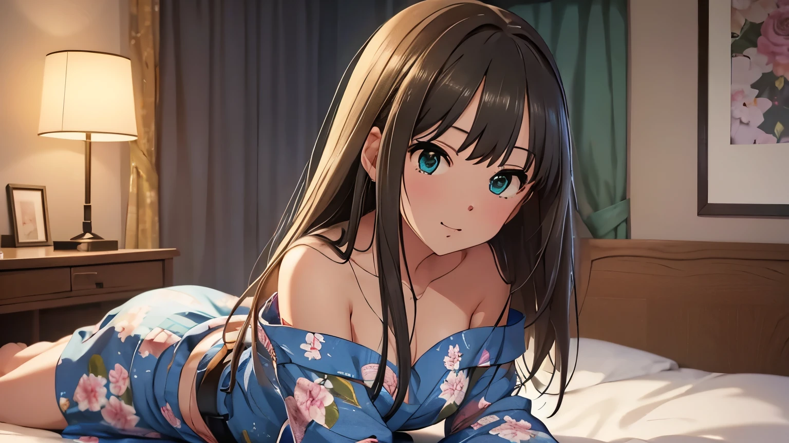 4kqulity、Highest quality、((One Shibuya Rin))、Floral Yukata、Off the shoulder、Sitting on the bed