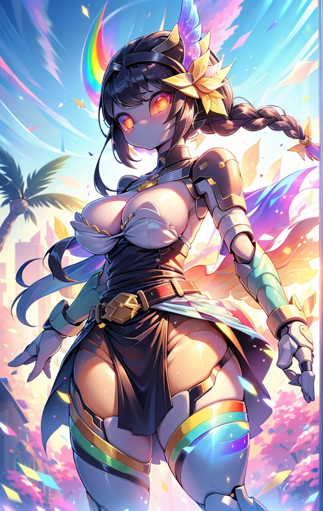 quality\(8K,Extremely detailed CG unit wallpaper, masterpiece,high resolution,top-quality,top-quality real texture skin,Surrealism,提high resolution,RAW photos,Best quality,Very detailed,,light,Ray Tracing,Golden Ratio\),Mechanical Girl,Doll girl,Glowing eyes,Doll eyes,matriarchal,braid,Long hair,bandeau outfit,Off-shoulder dress,Strapless dress style,cute,gentle,gentle,kindliness,Slender figure,Close-up above the waist,Big breasts,Big Tits,belt,机械belt,Tights,Tights,宝石belt,宝石belt,White skin,White underwear,袍子front swing,front swing,Gradient over-the-knee socks,Nude Apron,Rainbow gradient color,Gradient color arm guard,Rainbow gradient sleeves,Correct human anatomy,Correct human body structure,Correct palm structure