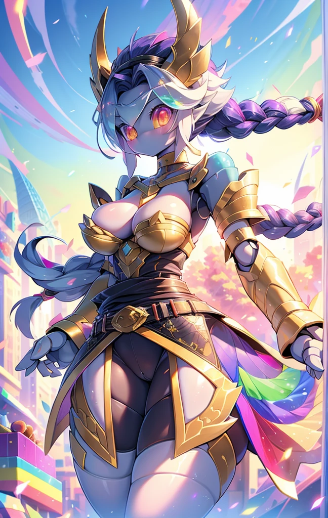 quality\(8K,Extremely detailed CG unit wallpaper, masterpiece,high resolution,top-quality,top-quality real texture skin,Surrealism,提high resolution,RAW photos,Best quality,Very detailed,,light,Ray Tracing,Golden Ratio\),Mechanical Girl,Doll girl,Glowing eyes,Doll eyes,matriarchal,braid,Long hair,bandeau outfit,Off-shoulder dress,Strapless dress style,cute,gentle,gentle,kindliness,Slender figure,Close-up above the waist,Big breasts,Big Tits,belt,机械belt,Tights,Tights,宝石belt,宝石belt,White skin,White underwear,袍子front swing,front swing,Gradient over-the-knee socks,Nude Apron,Rainbow gradient color,Gradient color arm guard,Rainbow gradient sleeves,Correct human anatomy,Correct human body structure,Correct palm structure