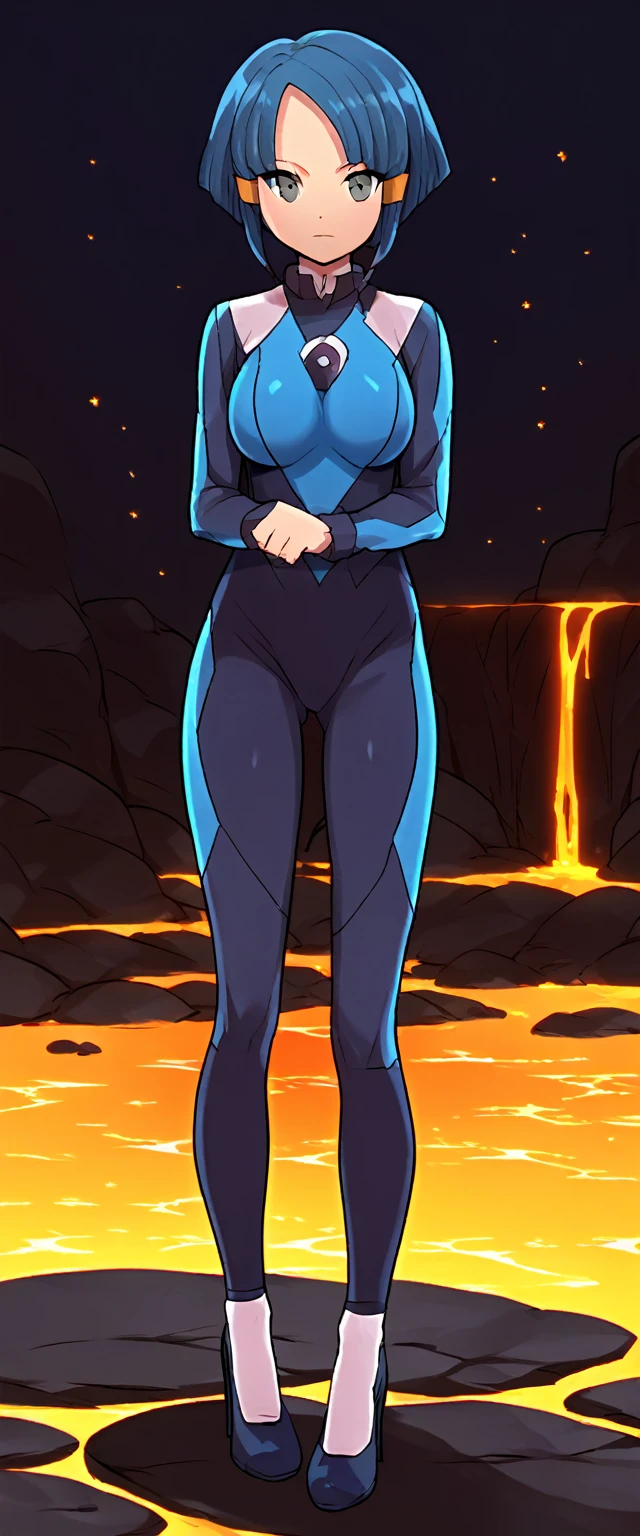 best quality,ultra detailed,solo,score_9, score_8_up, score_7_up, score_6_up, score_5_up, score_4_up, source_anime, 1girl, clara, blue hair, hair tubes, grey eyes, black bodysuit,big breasts, standing sexy pose, (front view,portrait),full body, standing on lava,heavenly ass, heavenly breasts, big ass, no shoes, wearing heels, upset, cute, face, long legs, tight bodysuit, tight sleeves, leggings