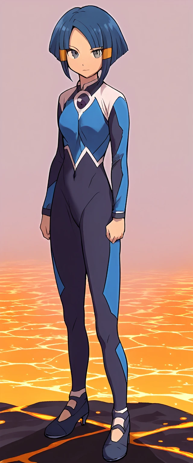 best quality,ultra detailed,solo,score_9, score_8_up, score_7_up, score_6_up, score_5_up, score_4_up, source_anime, 1girl, clara, blue hair, hair tubes, grey eyes, black bodysuit,big breasts, standing sexy pose, (front view,portrait),full body, standing on lava,heavenly ass, heavenly breasts, big ass, no shoes, wearing heels, upset, cute, face, long legs, tight bodysuit, tight sleeves, leggings