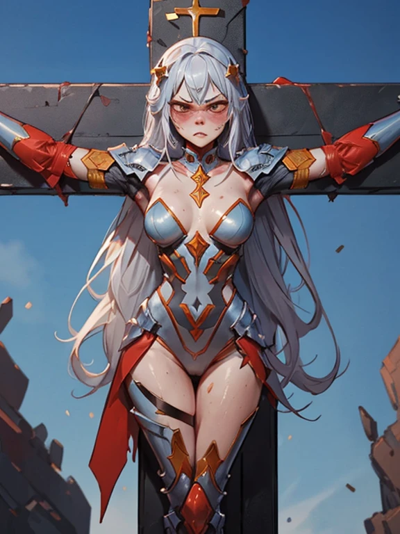 1 girl,18 years,good anatomy, masterpiece, Best Quality,realist, hyperrealist, 16K HDR,(collar,neckline,damaged body,sweat,beautiful face, woman,muscular paladin,torn suit,arm guard,leg guard,shoulder armor:1.2),(red blush,angry,:1.2),Fantasy world,exterior,village,blue sky,,(decorated cross:1.3),(crucifixion,spread_arms,tie the arm:1.5),from above