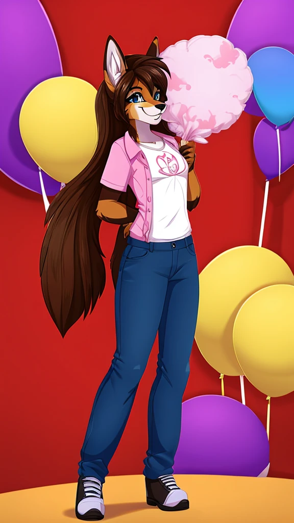 there is a draw image of a wolf, body cotton candy, shirt arm with long, pants black, draw avatar, fursona, furry style, furry character, furry furaffinity, furry fursona, thicc, furry cute style, fursona!!!!, halfbody, fursona, cheap brown hair long girl, woman, Chest girl, backgrouned style colorful, transgender