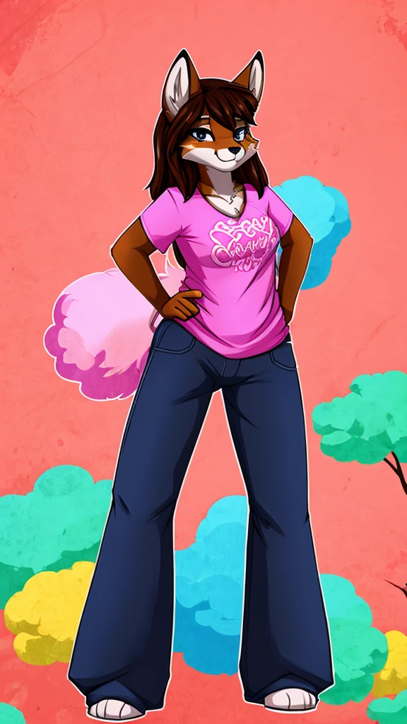 there is a draw image of a wolf, body cotton candy, shirt arm with long, pants black, draw avatar, fursona, furry style, furry character, furry furaffinity, furry fursona, thicc, furry cute style, fursona!!!!, halfbody, fursona, cheap brown hair long girl, woman, Chest girl, backgrouned style colorful, transgender