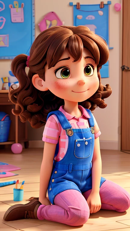 Title:
Description of “autistic girl drawing" I want a 3d image, Disney pixel style, an autistic, curly and brown hair, with autism ear mufflers.
With blue overalls and pink shirt, sitting on the floor drawing with colored pencils spread across the floor.