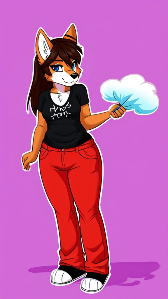 there is a draw image of a wolf, body cotton candy, shirt arm with long, pants black, draw avatar, fursona, furry style, furry character, furry furaffinity, furry fursona, thicc, furry cute style, fursona!!!!, halfbody, fursona, cheap brown hair long girl, woman, Chest girl, backgrouned style colorful, transgender