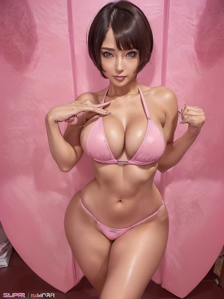 Glossy skin(((Highest quality))),((Striking a sexy pose), ((Full body image)),((Very large breasts)), ((Sensual;1.5)), Short Hair(Her body is super sexy:1.5),(A woman seducing an erotic man),(Her body is excited:1.3),(Sexually perverted woman),(She shows off her amazing body:1.5),(She has an amazing orgasm),(Pink ultra-thin micro bikini)