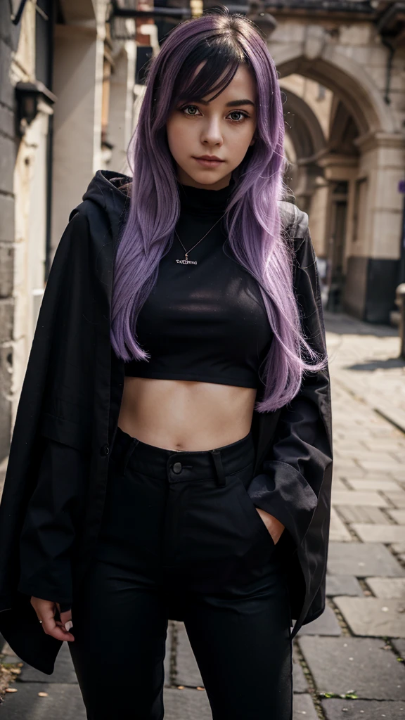  Black cloak covering al body, A paper flower in the hair 