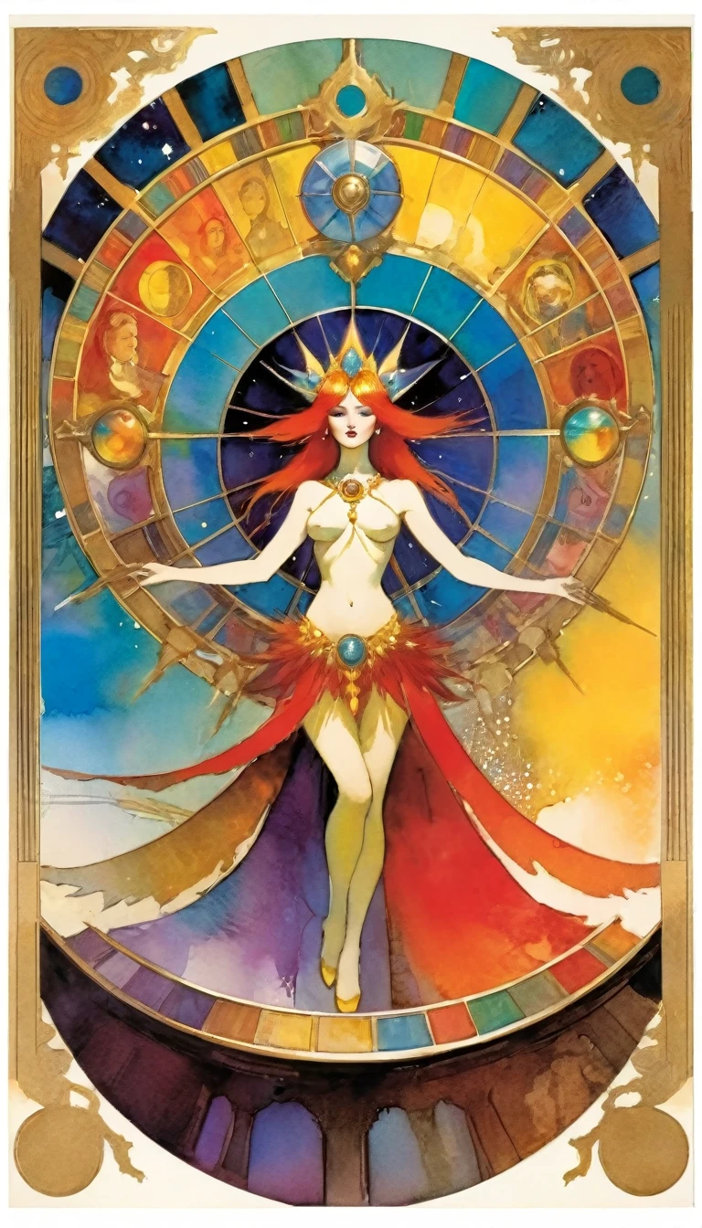 ((tarot card)) WHEEL OF FORTUNE ((card frame)), artwork by Bill Sienkiewicz, vivid colors, intricate details, oil.