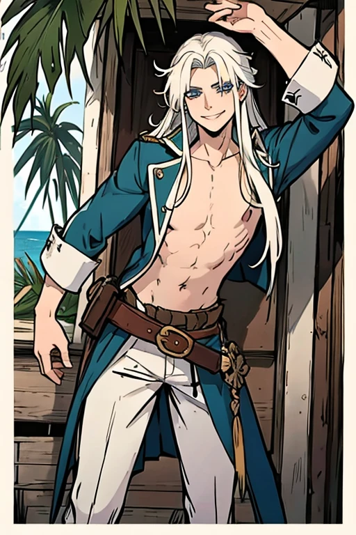 A young white haired man with blue eyes and long hair in a pirate's outfit is smiling while leaning forward on tropical island
