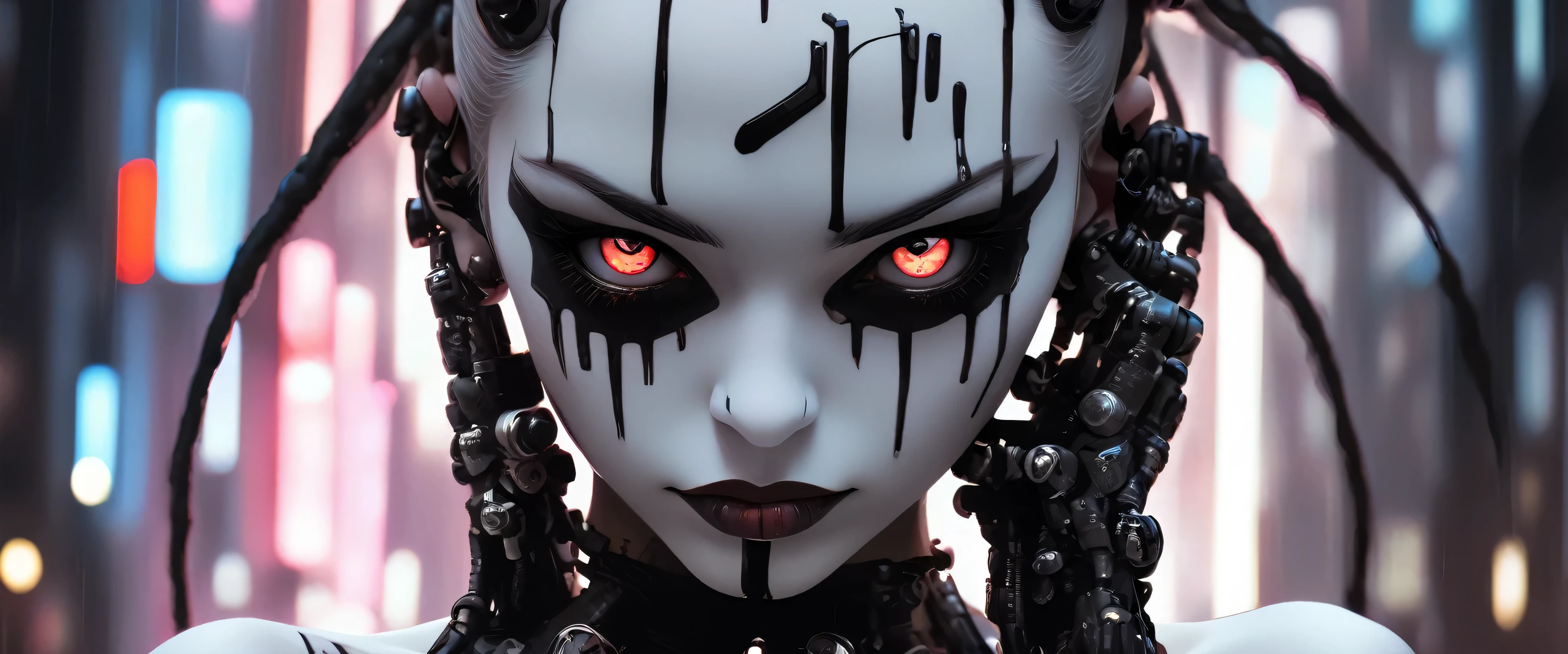anime artwork, commercial portrait, (full body shot:1.6), cyberpunk style, 1girl, white face paint, black bleeding mascara, perfect anatomy, posing for the camera, stunningly beautiful, perfect face, glowing eyes, intricate details, ultra-realistic, high saturation, cinematic light, 35mm raw photo, nsfw, art by j.c. leyendecker