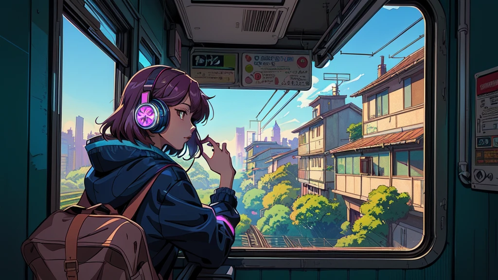 anime girl with headphones on looking out of a window in the train, digital anime illustration, lofi artstyle, anime style 4 k, anime styled digital art, digital anime art, anime style. 8k, anime style artwork, detailed digital anime art, lofi girl, lofi art, artwork in the style of guweiz, background artwork, digital cyberpunk anime art