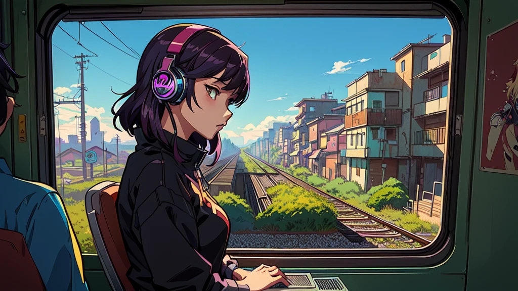 anime girl with headphones on looking out of a window in the train, digital anime illustration, lofi artstyle, anime style 4 k, anime styled digital art, digital anime art, anime style. 8k, anime style artwork, detailed digital anime art, lofi girl, lofi art, artwork in the style of guweiz, background artwork, digital cyberpunk anime art