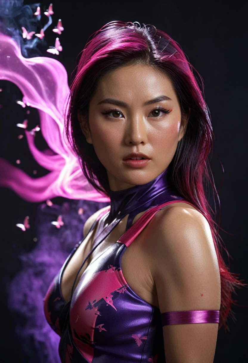 half body, portrait Illustration of PSYLOCKE from x-men, an beatiful japanese girl envolve in a energy pink aura, little butterflies made of purple energy plasma; dark background, psylocke, realistic, photo-realistic, 8k, highly detailed, full length frame, High detail RAW color art, piercing, diffused soft lighting, shallow depth of field, sharp focus, hyperrealism, cinematic lighting Art by Frankenthaler, Cassatt, O'Keeffe, Vigée Le Brun, Alma Thomas, Gentileschi, Barbara Kruger, Lavinia Fontana, Dutch view, full body shot with Cannon EF 35mm f/1.4L II USM Lens. By Sem2ga.