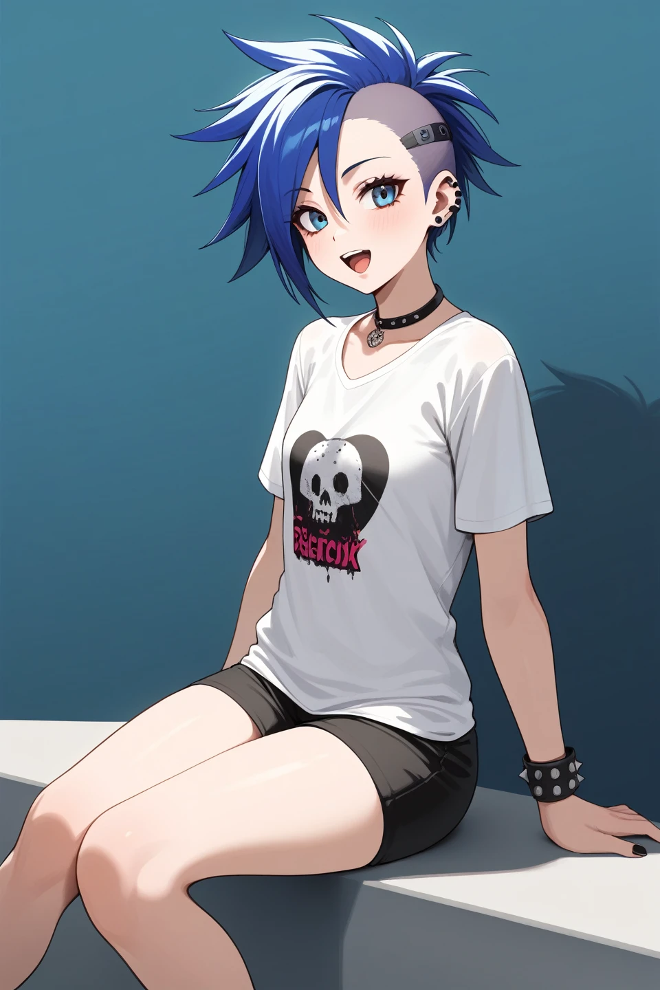 score_9,best quality,
1girl,t-shirt,punk,sitting,open mouth
