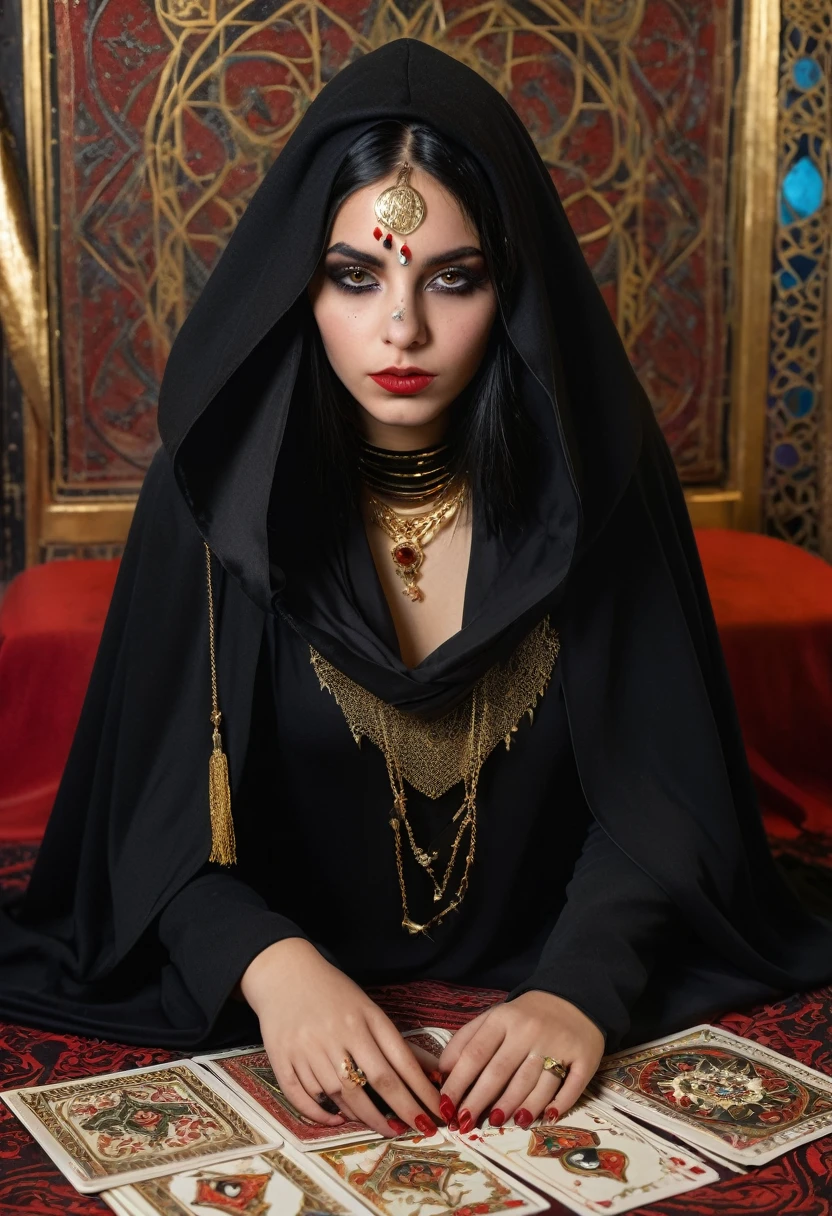young witch of the desert 15 years old, in the Arab room, black long cape with a hood falling over the eyes, scarf covering lips and nose, black and red lines on the face, black smudged makeup, golden eyes, black hair, black outfit, eye tattoo under collarbone, gold jewelry, full length, fortune telling cards in hand