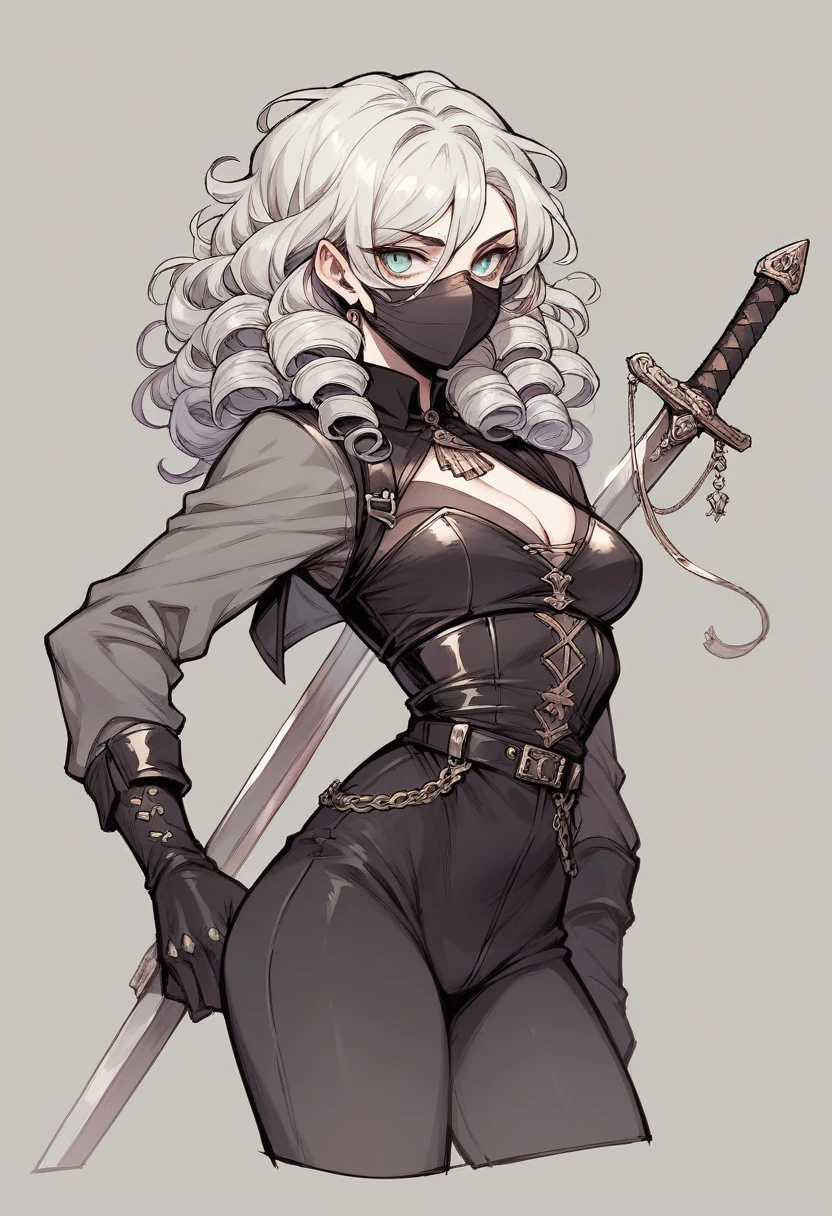 A woman of 1,68 with two swords on his waist, curled hair and a black cat mask covering his face, not his hair