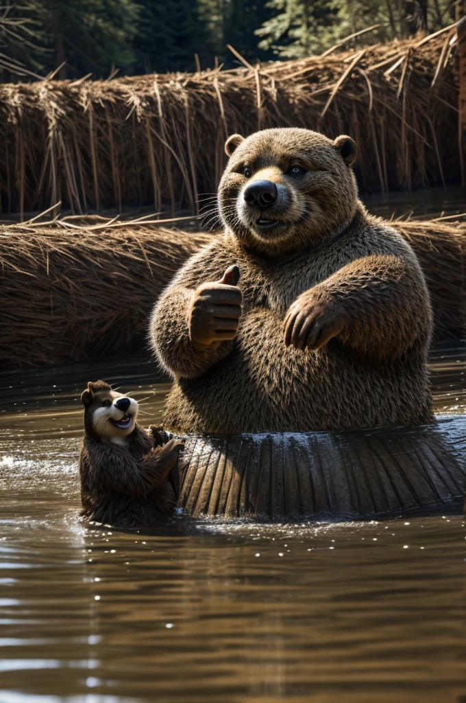 Realistic Beaver photo, funny cartoonish style, yellow hard hat, showing thumbs up, forest river in the background with a beaver dam, one funny beaver photo