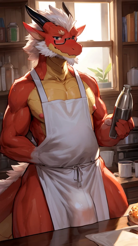 (Best quality: 1.0), (Super High Resolution: 1.0), (masterpiece, best quality:1.2), detailed, detailed hands, detailed eyes, score_9, score_8_up, score_7_up, furry, anthro, ((dragon)), ((solo)), grandpa, (about 70 years old), (manly), horns, handsome face, huge, bangs, white beard, beard above mouth, fluffly fur, nipples, looking pleasured, sexually, sexy pose, NSFW, (apron), nude, bulge, flaccid, in heat, panting, sweat, sweaty, musk, (skinny, shy), hands touching, (looking at viewer, shy), blushes:0.3, wearing glasses, first person view, close up view, (by bebebebebe, by syuro)