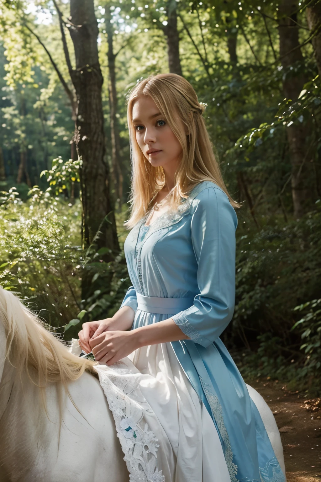 A girl in the forest,she has blonde hair,blue eyes,a blue elegant dress trimmed with lace,she talks to a white horse.,green trees around,realistic style