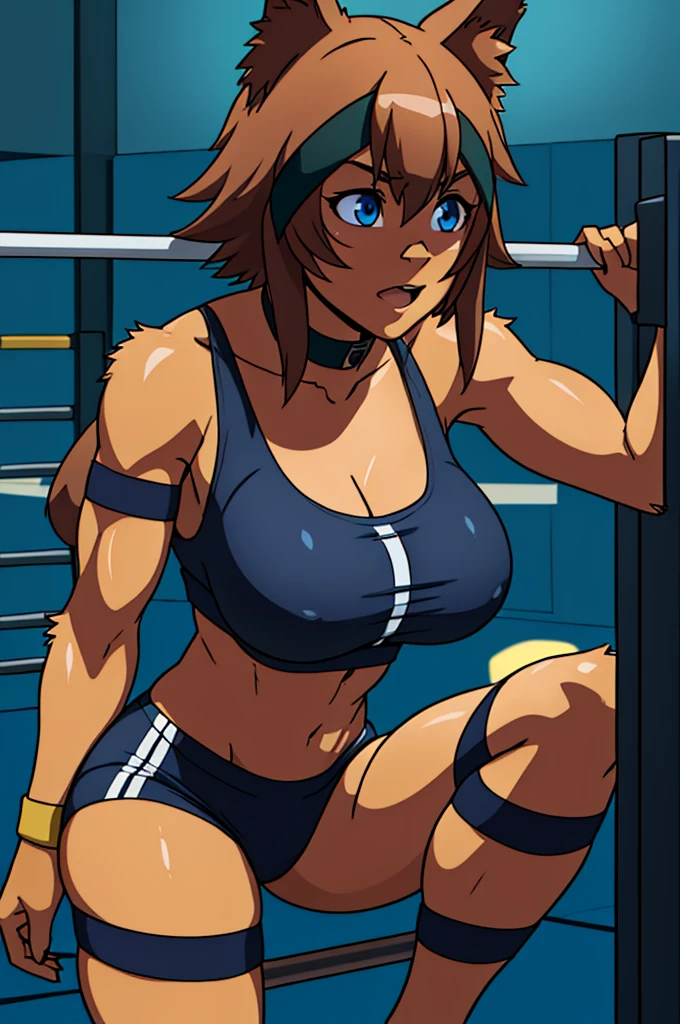 a muscular woman with dog ears, long hair, wearing sports bra and shorts, lifting heavy weights in a gym, detailed face, realistic, photorealistic, 8k, high quality, professional, cinematic lighting, dynamic pose