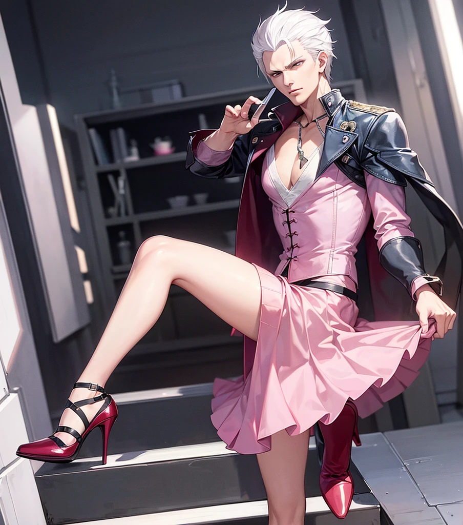Vergil from Devil may cry Wearing a pink skirt and high heels