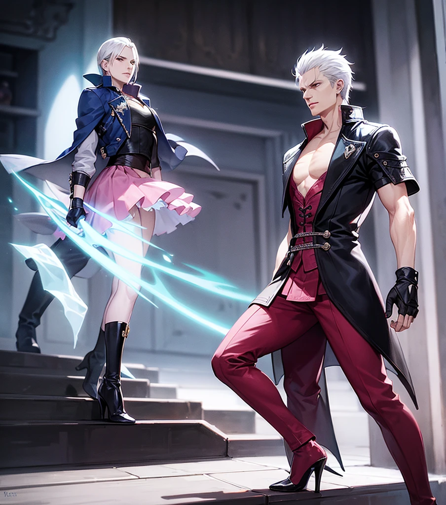 Vergil from Devil may cry Wearing a pink Lacy skirt and high heels Passionate With rosy cheeks The bottom frame, butt man
