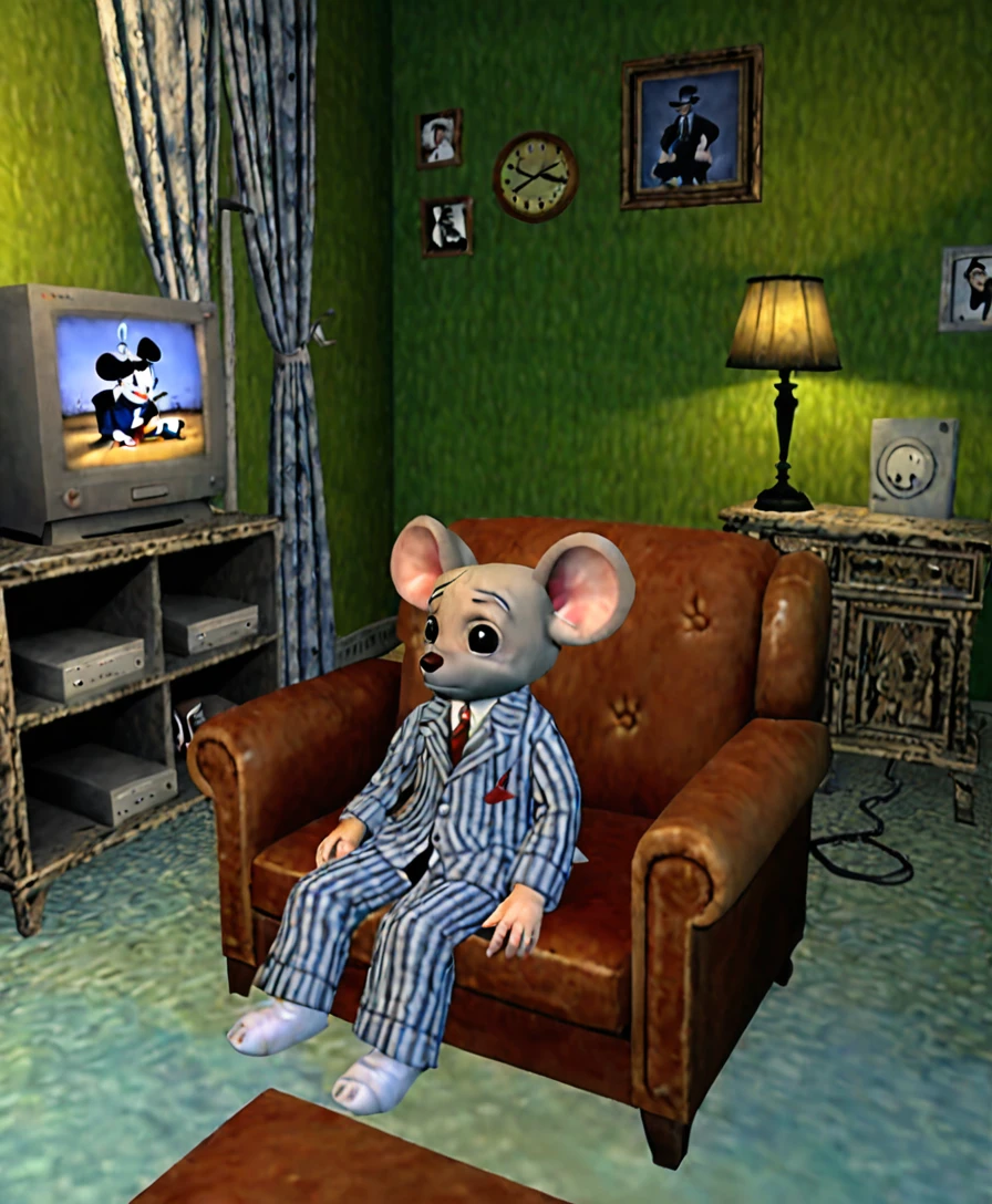 A sad, melancholic, mouse dressed in pajama, mafia style, sitting in a sofa in his 1950s bedroom, Playstation 1 Graphics, PS1 Game, low poly, playstation 1 still