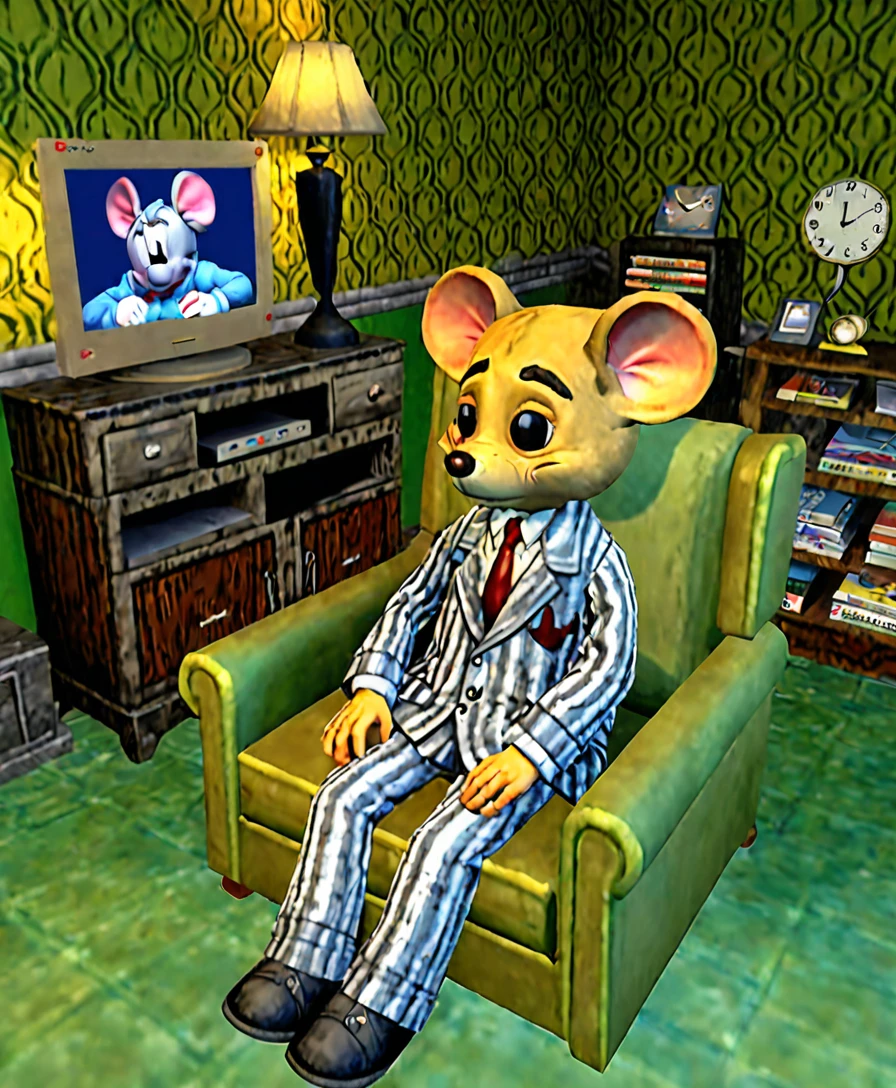 A sad, melancholic, mouse dressed in pajama, mafia style, sitting in a sofa in his 1950s bedroom, Playstation 1 Graphics, PS1 Game, low poly, playstation 1 still