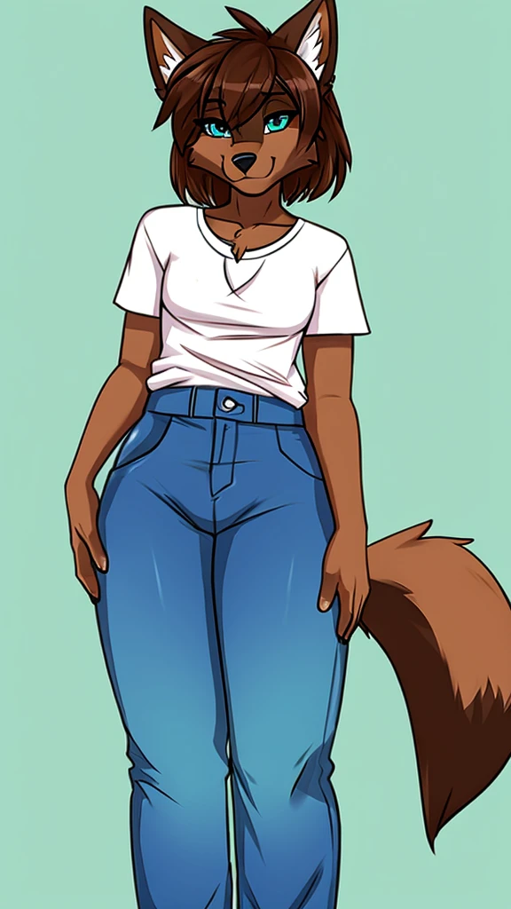 there is a draw image of a wolf, body with cyan and white top pink head, shirt arm with long, pants black, draw avatar, fursona, furry style, furry character, furry furaffinity, furry fursona, thicc, furry cute style, fursona!!!!, halfbody, fursona, cheap brown hair long girl, woman, Chest girl, backgrouned style colorful, transgender