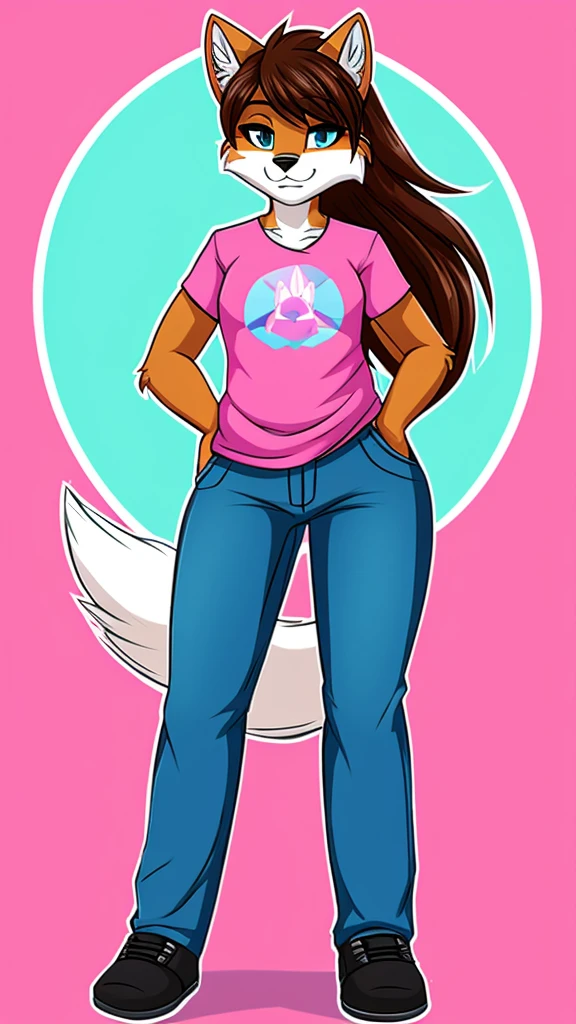 there is a draw image of a wolf, body with cyan and white top pink head, shirt arm with long, pants black, draw avatar, fursona, furry style, furry character, furry furaffinity, furry fursona, thicc, furry cute style, fursona!!!!, halfbody, fursona, cheap brown hair long girl, woman, Chest girl, backgrouned style colorful, transgender