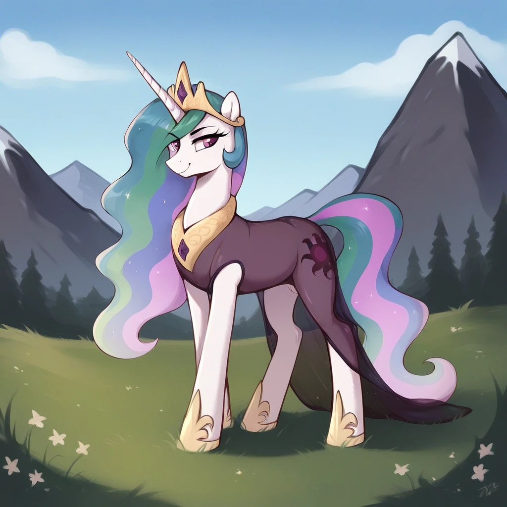 score_9, score_8_up, score_7_up, score_6_up, score_5_up, score_4_up, rating_explicit, outdoors, purple (see through dress), solo, feral pony, princess celestia, evil smile, closed mouth,BREAK mountain, day, sky, flower, mountainous horizon, blue sky, grass