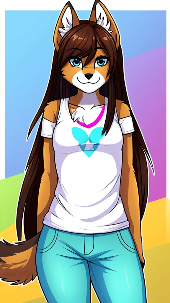 there is a draw image of a wolf, body with cyan and white top pink head, shirt arm with long, pants black, draw avatar, fursona, furry style, furry character, furry furaffinity, furry fursona, thicc, furry cute style, fursona!!!!, halfbody, fursona, cheap brown hair long girl, woman, Chest girl, backgrouned style colorful, transgender