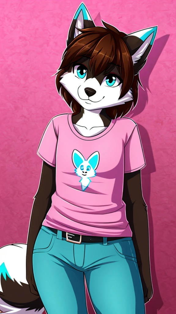 there is a draw image of a wolf, body with cyan and white top pink head, shirt arm with long, pants black, draw avatar, fursona, furry style, furry character, furry furaffinity, furry fursona, thicc, furry cute style, fursona!!!!, halfbody, fursona, cheap brown hair long girl, woman, Chest girl, backgrouned style colorful, transgender