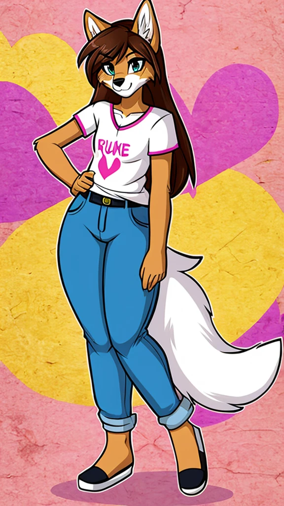 there is a draw image of a wolf, body with cyan and white top pink head, shirt arm with long, pants black, draw avatar, fursona, furry style, furry character, furry furaffinity, furry fursona, thicc, furry cute style, fursona!!!!, halfbody, fursona, cheap brown hair long girl, woman, Chest girl, backgrouned style colorful, transgender