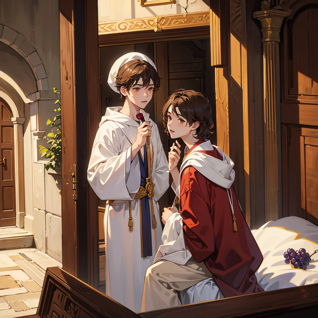 2males, twins, short brown hair, brown eyes, white greek robes, cute, pretty faces, ancient bedroom, wine, grapes