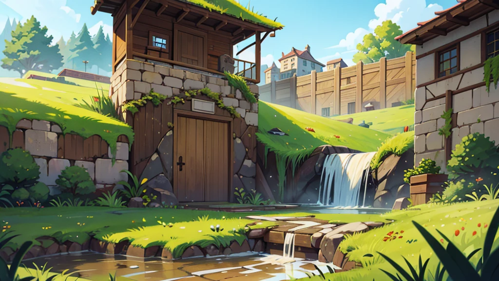 landscape image, the walls of a city covered in ooze gates shut tall yellow grass and pools of mud outside of the walls, wooden fortifications set up outside of the walls 