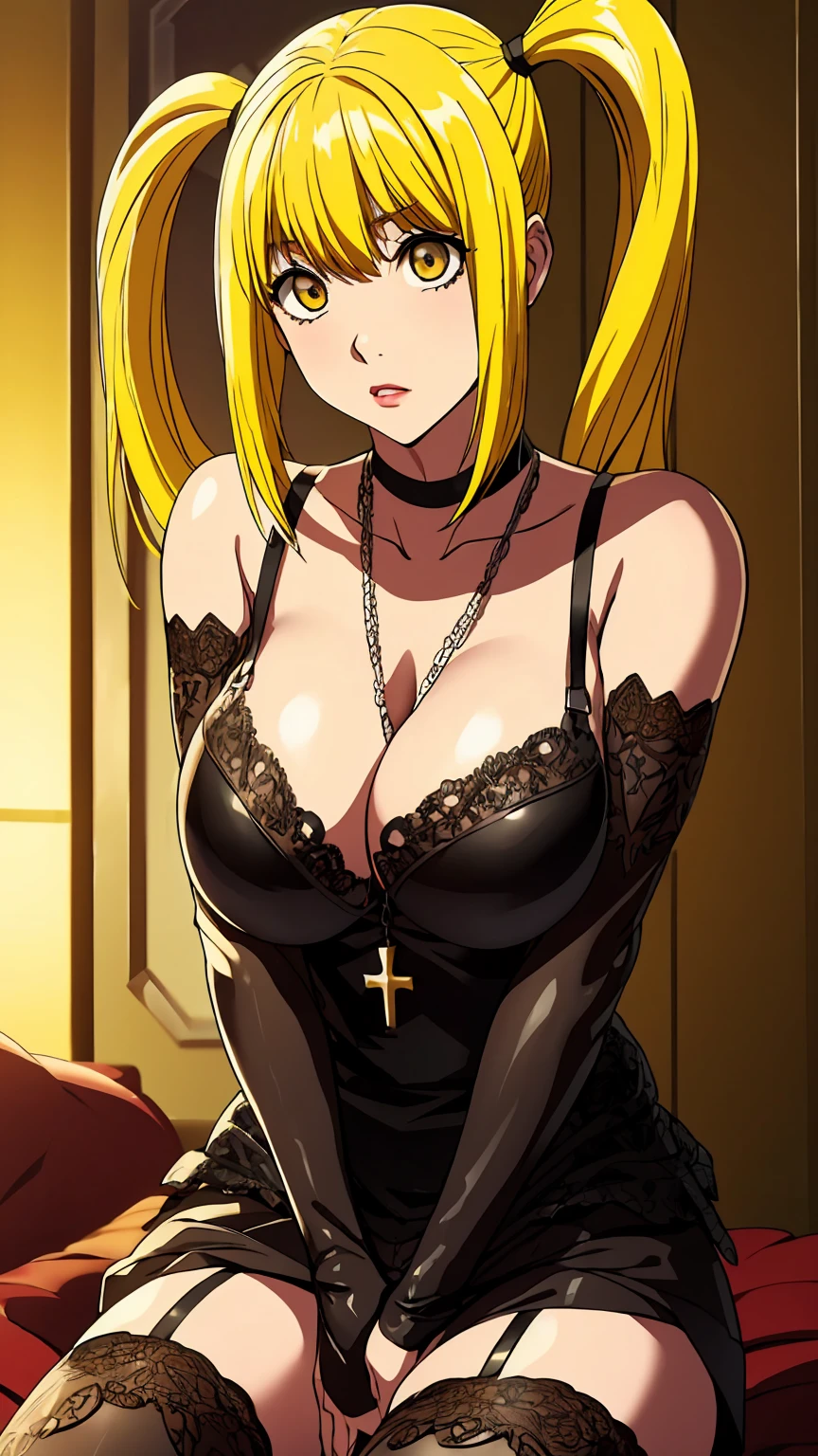 misaamane, misa amane, long hair, bangrown eyes:1.7), (yellow hair:1.5), blunt bangs, red lips, lipstick, solo, 1girl,
BREAK thighhighs, dress, jewelry, collarbone, boots, detached sleeves, choker, black thighhighs, necklace, black lingerie, cross, red nails, cross necklace,
BREAK looking at viewer,
BREAK indoors,
BREAK (masterpiece:1.2), best quality, high resolution, unity 8k wallpaper, (illustration:0.8), (beautiful detailed eyes:1.6), extremely detailed face, perfect lighting, extremely detailed CG, (perfect hands, perfect anatomy), (((light brown eyes))), (((gigantic breasts))), (((two ponytails)))