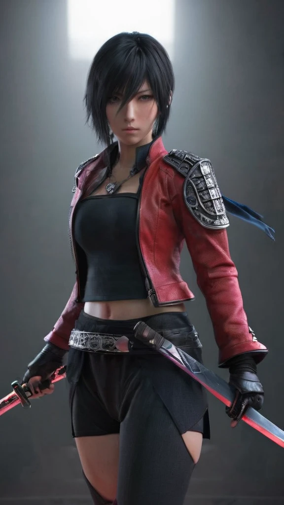 a woman holding a sword in a dark room, 2. 5 d cgi anime fantasy artwork, holding a black katana, stuning fantasy 3 d render, holding katana, unreal engine character art, unsheathing her katana, she is holding a katana sword, yasuke 5 0 0 px models, dramatic wielding katana pose, holding a katana, background color smoked, Red leather jacket.