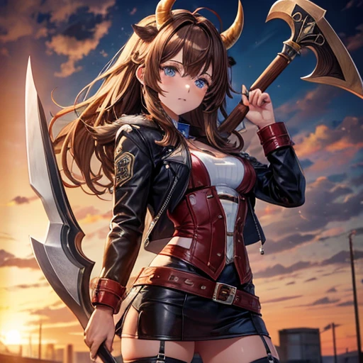 Brown haired Minotaur Blue-eyed beautiful boy Cow horn Cow earless Have a battle axe long hair Crossdresser Wearing a jacket