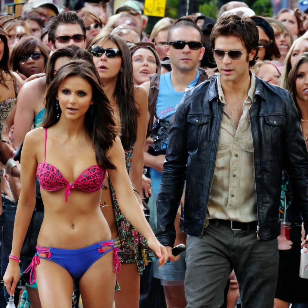 Nina Dobrev, breast, micro bikini, Street, the crowd is watching, filming the movie The Vampire Diaries