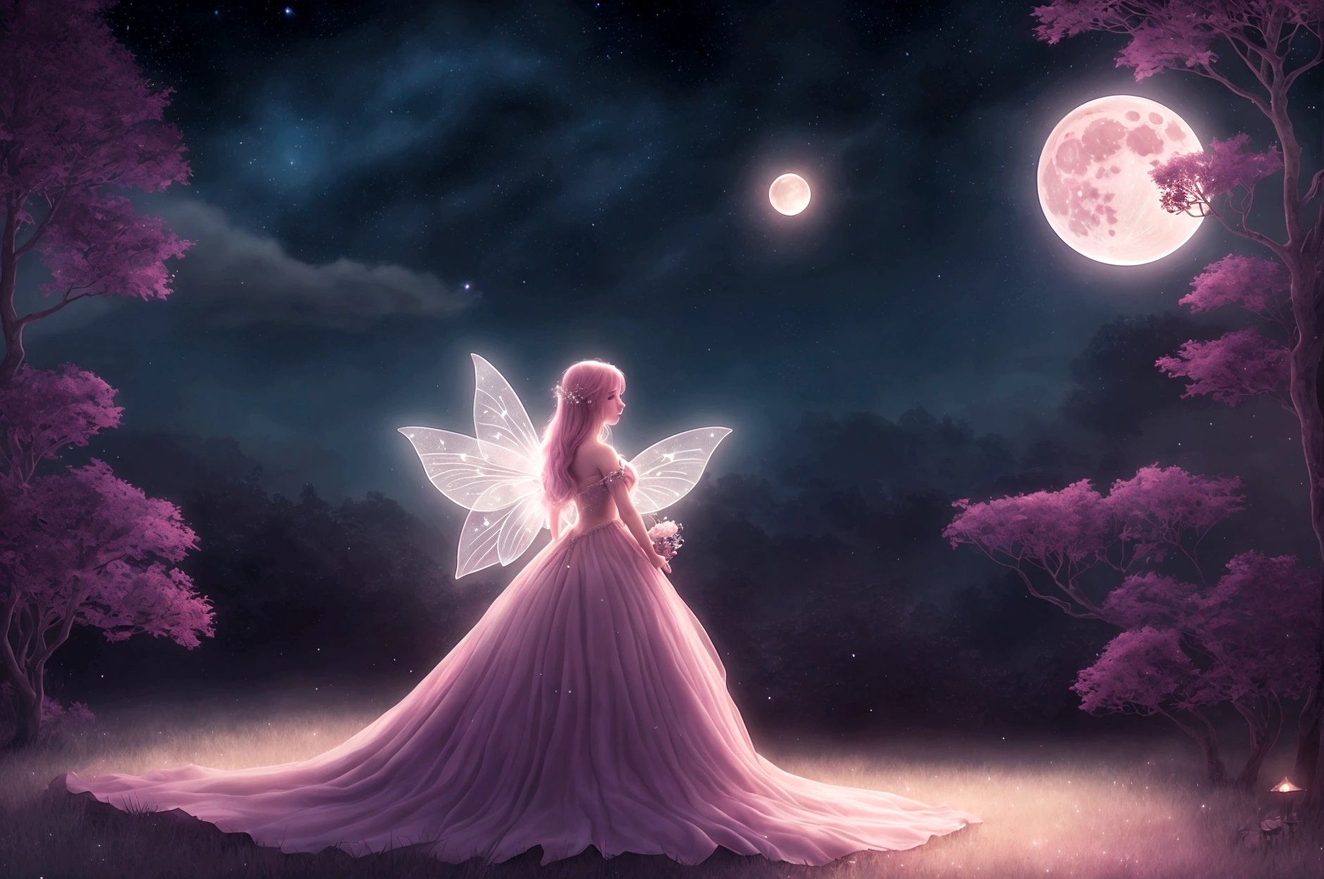 a fairy in a dreamlike night, whimsical fairytale background, dreamlike illustration, magical fairy background, pink moon, moonlit background, dreamy moonlit atmosphere, stars and moon themed, magical background, moon background, highly magical and dreamlike, magical dreamlike atmosphere, dreamlike art, dreamy detailed