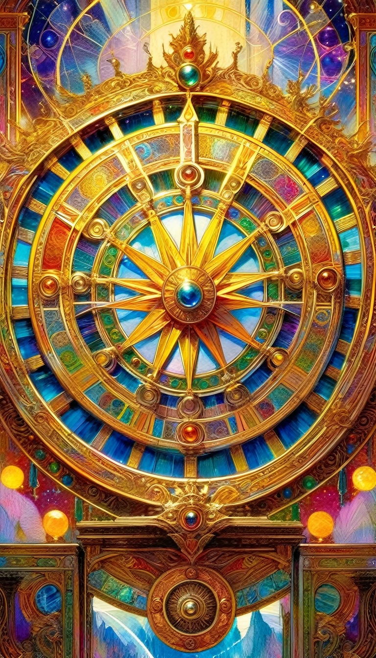 a tarot card of the Wheel of Fortune, intricate detailed artwork by Bill Sienkiewicz, vibrant vivid colors, oil painting, ornate card frame, highly detailed, photorealistic, masterpiece, 8k, hyper realistic, award winning